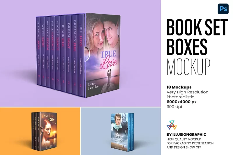 软件包书籍封面展示PS模板 Book Set Boxes Mockup – 18 views-后期素材库