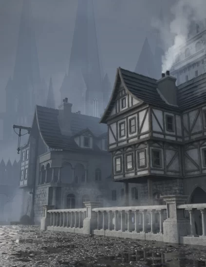 中世纪城市黑暗阴森小镇街区建筑Daz3D模型 Medieval City Block-后期素材库
